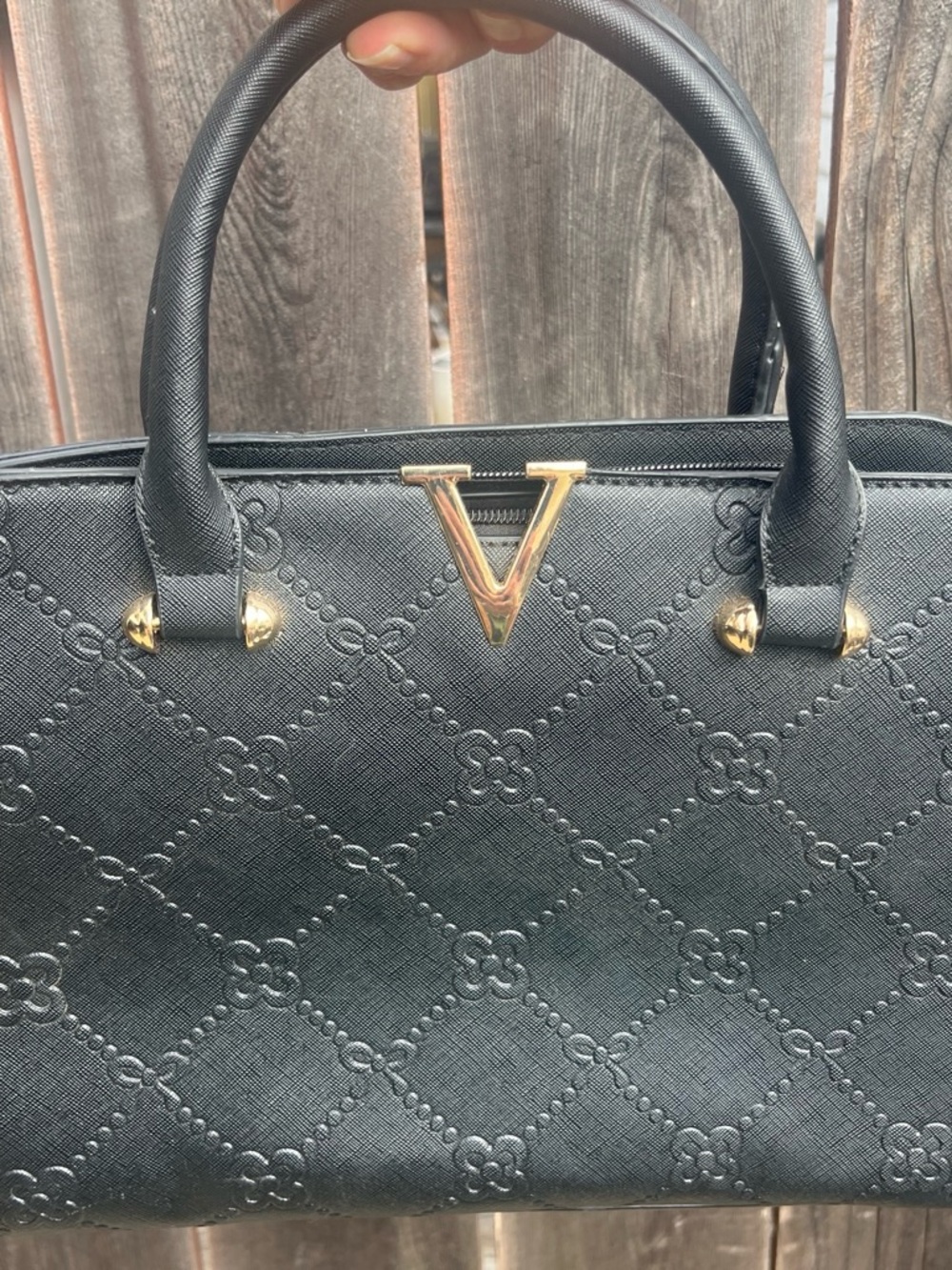 Black Women's Satchel with Gold V Accent